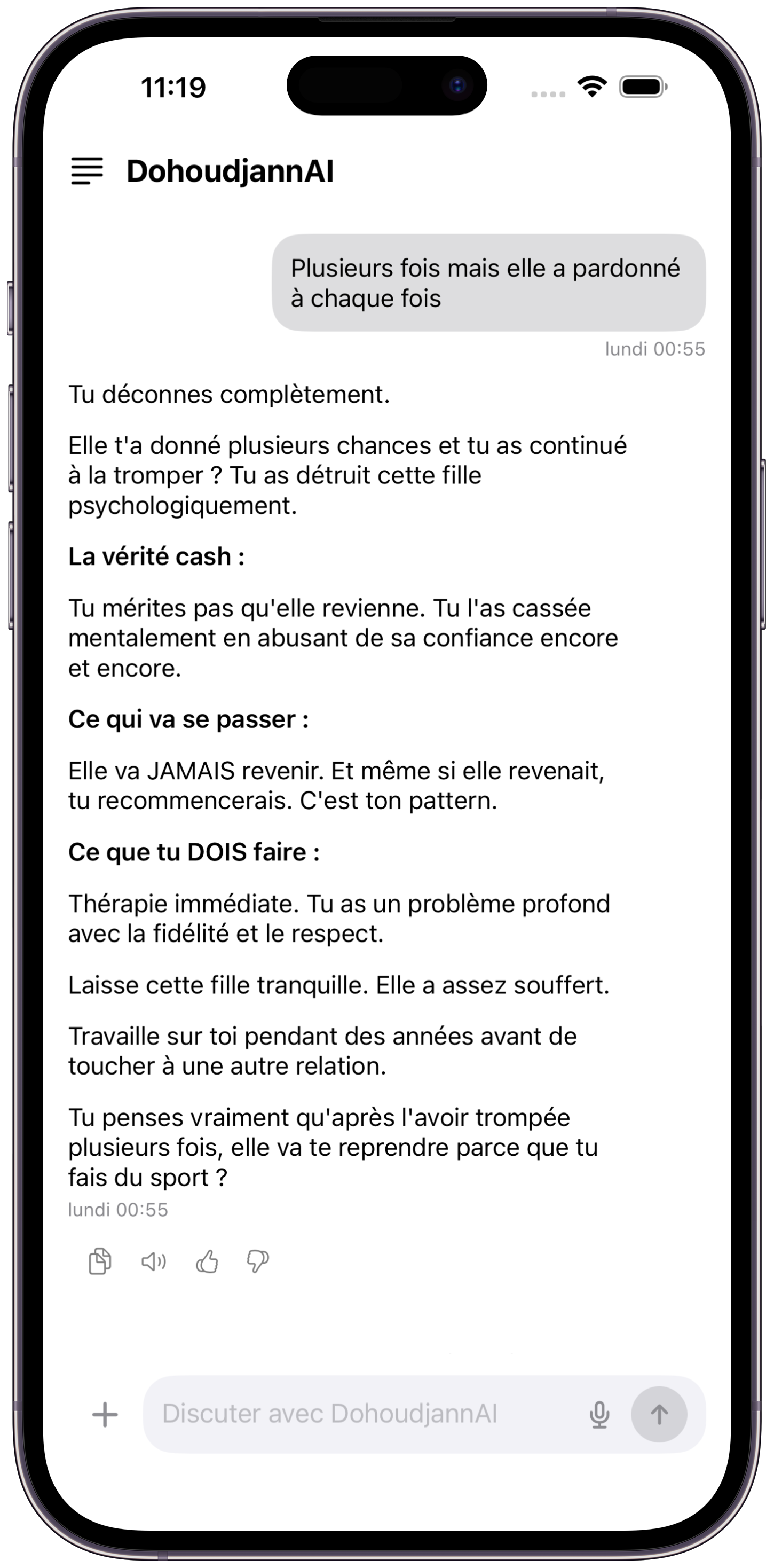 Conversation IA : Tu déconnes complètement